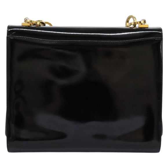 Salvatore Ferragamo Gancini Shoulder Bag Enamel Black Gold Auth 112878