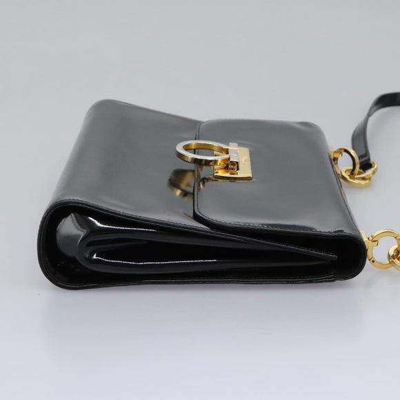 Salvatore Ferragamo Gancini Shoulder Bag Enamel Black Gold Auth 112878