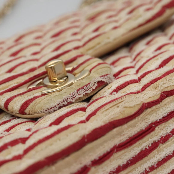 CHANEL Matelasse 25 Border Double Flap Chain Hand Cotton Red CC Auth 112984A