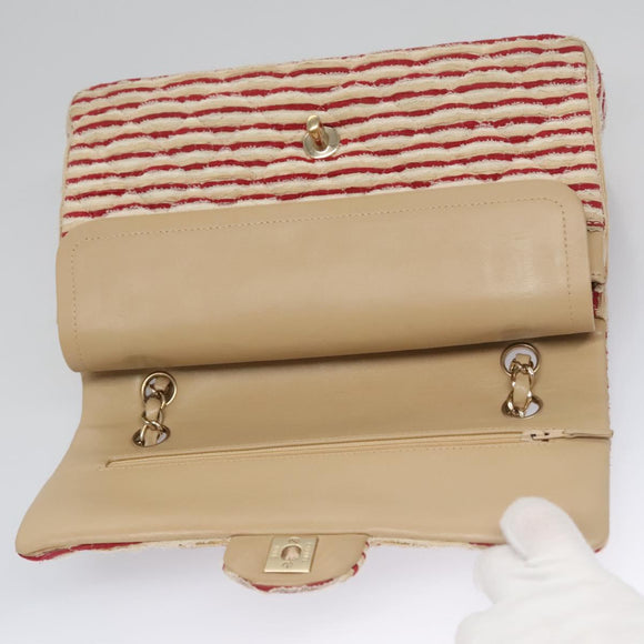 CHANEL Matelasse 25 Border Double Flap Chain Hand Cotton Red CC Auth 112984A
