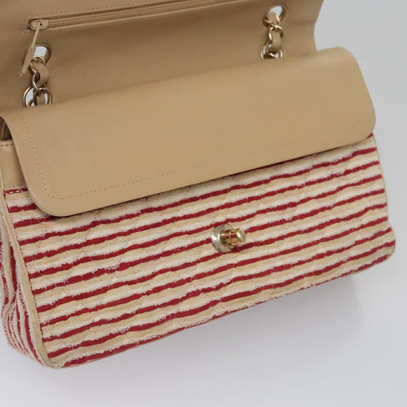 CHANEL Matelasse 25 Border Double Flap Chain Hand Cotton Red CC Auth 112984A