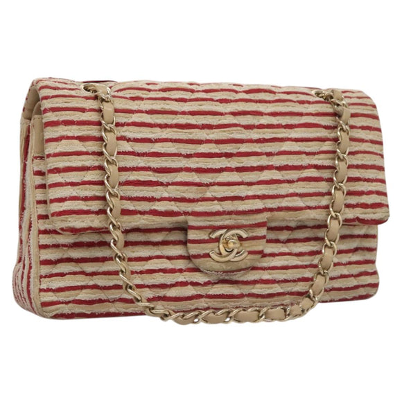 CHANEL Matelasse 25 Border Double Flap Chain Hand Cotton Red CC Auth 112984A