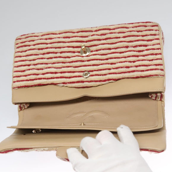 CHANEL Matelasse 25 Border Double Flap Chain Hand Cotton Red CC Auth 112984A