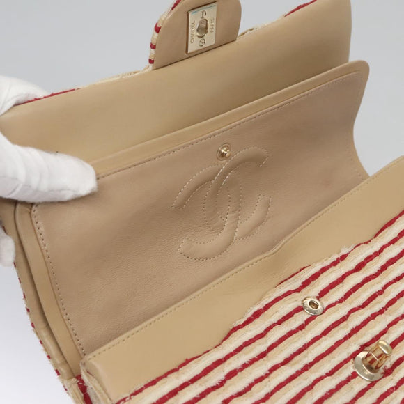 CHANEL Matelasse 25 Border Double Flap Chain Hand Cotton Red CC Auth 112984A