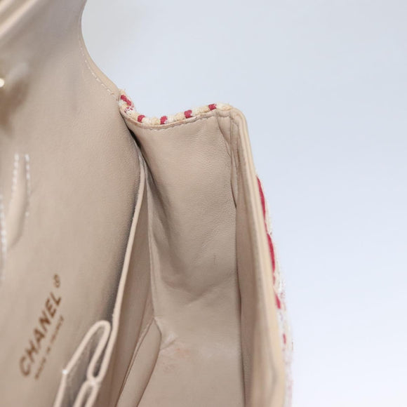 CHANEL Matelasse 25 Border Double Flap Chain Hand Cotton Red CC Auth 112984A