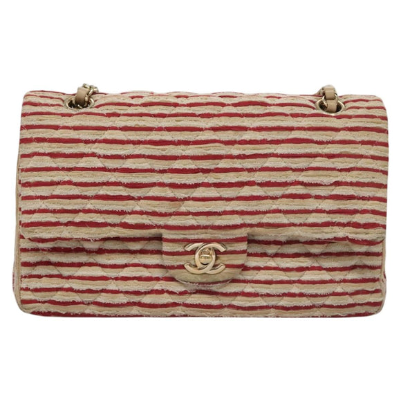 CHANEL Matelasse 25 Border Double Flap Chain Hand Cotton Red CC Auth 112984A