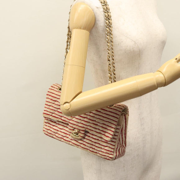 CHANEL Matelasse 25 Border Double Flap Chain Hand Cotton Red CC Auth 112984A