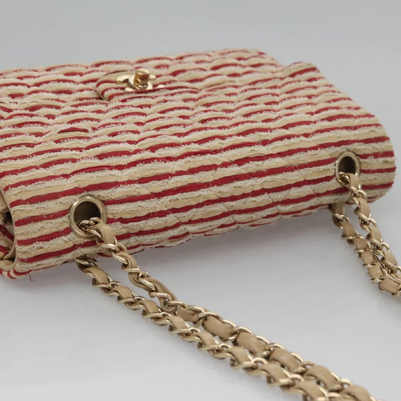 CHANEL Matelasse 25 Border Double Flap Chain Hand Cotton Red CC Auth 112984A