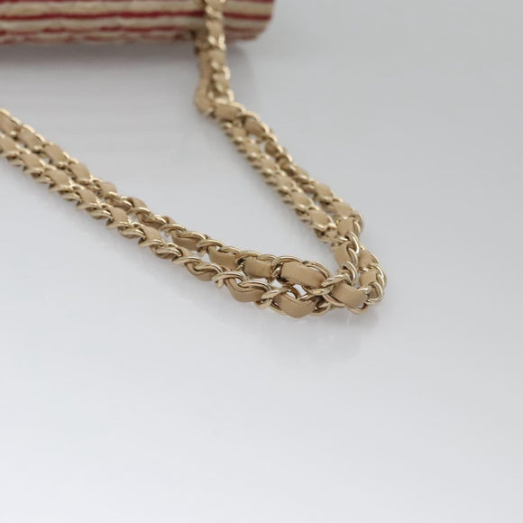 CHANEL Matelasse 25 Border Double Flap Chain Hand Cotton Red CC Auth 112984A