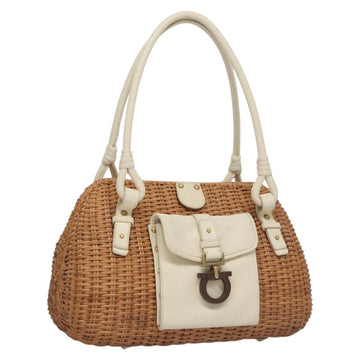 Salvatore Ferragamo Gancini Basket Bag Rattan Leather Brown gold Auth 113007