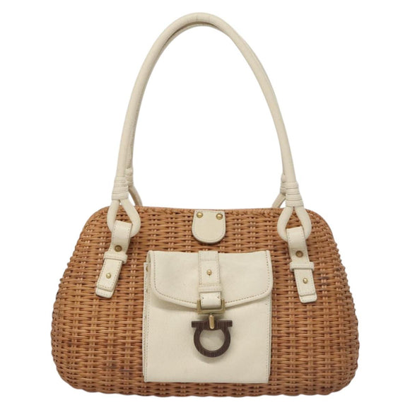 Salvatore Ferragamo Gancini Basket Bag Rattan Leather Brown gold Auth 113007