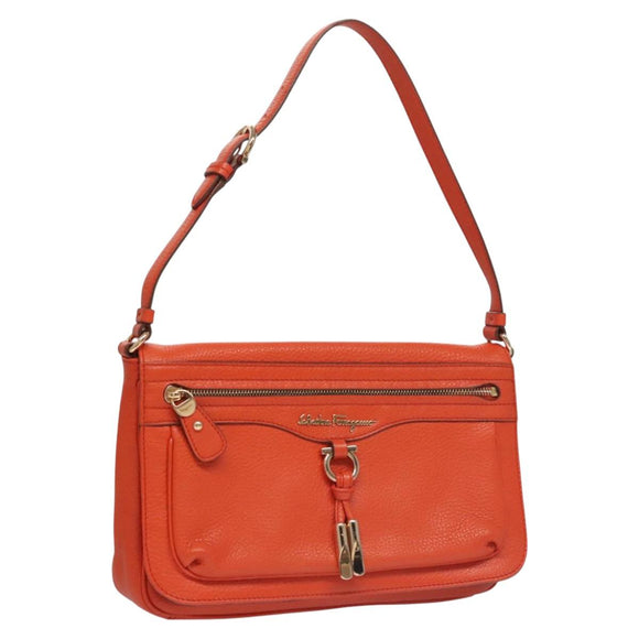 Salvatore Ferragamo Gancini Shoulder Bag Leather Orange Auth 113031