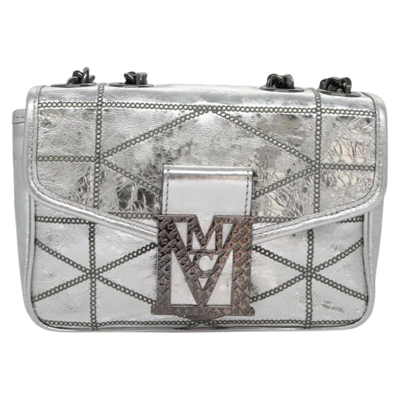 MCM Chain Shoulder Bag Leather Silver Auth 113036