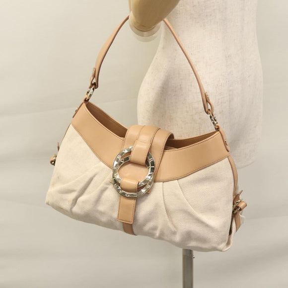 BVLGARI Chandra Shoulder Bag Canvas Beige Auth 113047