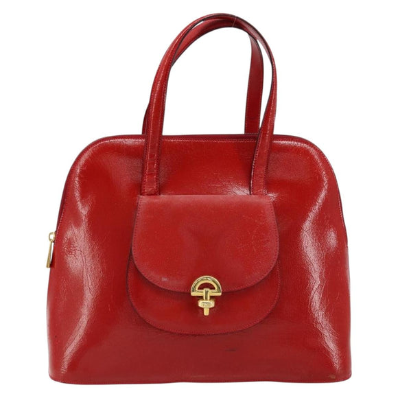 CELINE Hand Bag Patent leather Red Gold Auth 113064