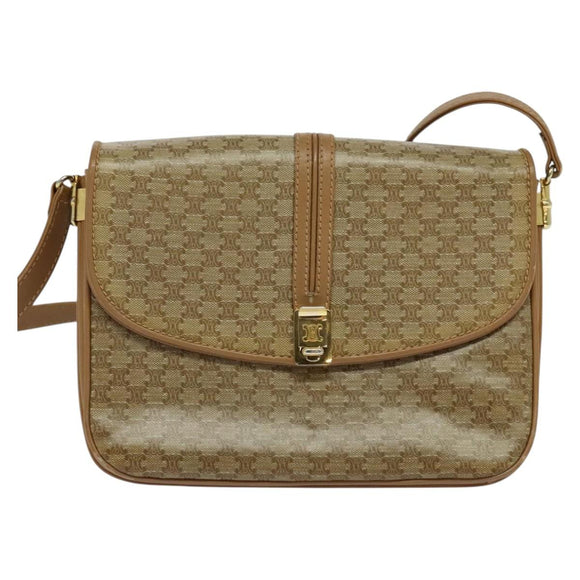 CELINE Macadam Canvas Shoulder Bag PVC Leather Beige Auth 113087