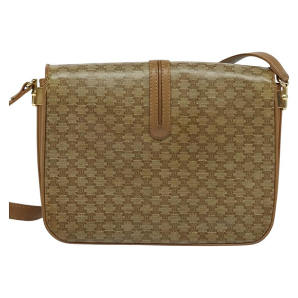 CELINE Macadam Canvas Shoulder Bag PVC Leather Beige Auth 113087
