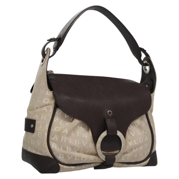 BVLGARI Hand Bag Canvas Leather Beige Brown Silver Auth 113142