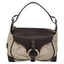 BVLGARI Hand Bag Canvas Leather Beige Brown Silver Auth 113142-2