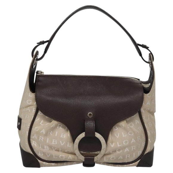 BVLGARI Hand Bag Canvas Leather Beige Brown Silver Auth 113142
