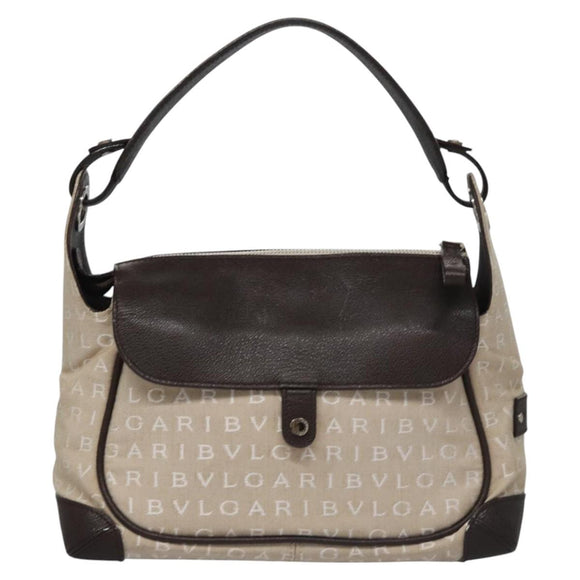 BVLGARI Hand Bag Canvas Leather Beige Brown Silver Auth 113142