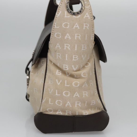 BVLGARI Hand Bag Canvas Leather Beige Brown Silver Auth 113142