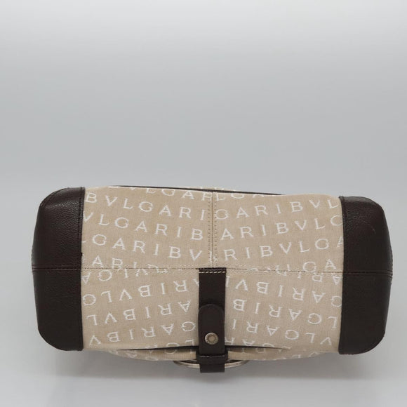 BVLGARI Hand Bag Canvas Leather Beige Brown Silver Auth 113142