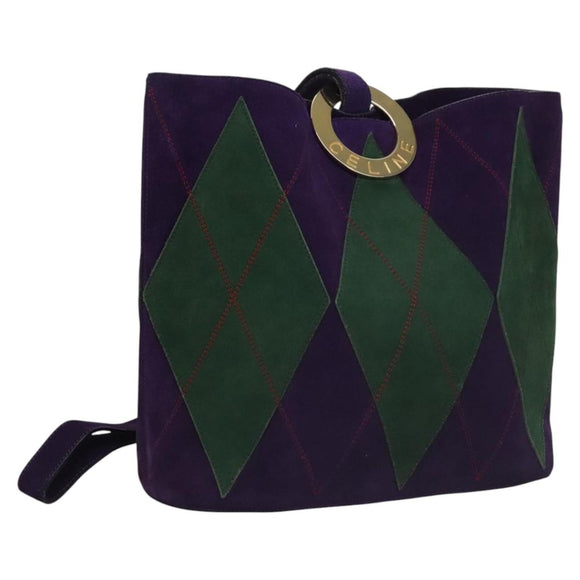 CELINE Circle Shoulder Bag Suede Purple Green gold Auth 113232