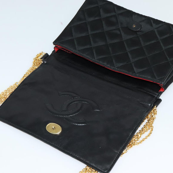 CHANEL Matelasse Chain Shoulder Bag Satin Black Gold CC Auth 113270AV