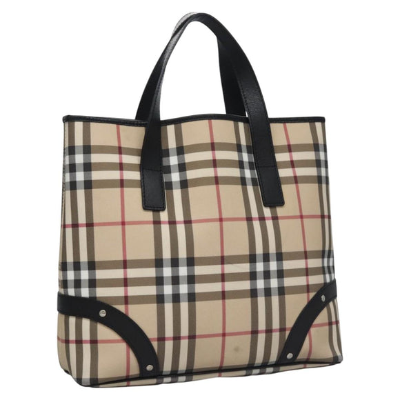 BURBERRY Nova Check Hand Bag PVC Beige Black Silver Auth 113312