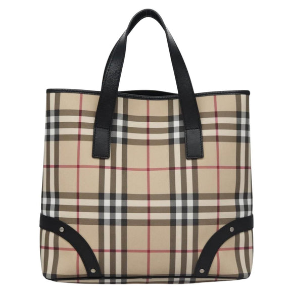 BURBERRY Nova Check Hand Bag PVC Beige Black Silver Auth 113312