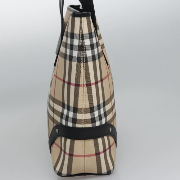 BURBERRY Nova Check Hand Bag PVC Beige Black Silver Auth 113312