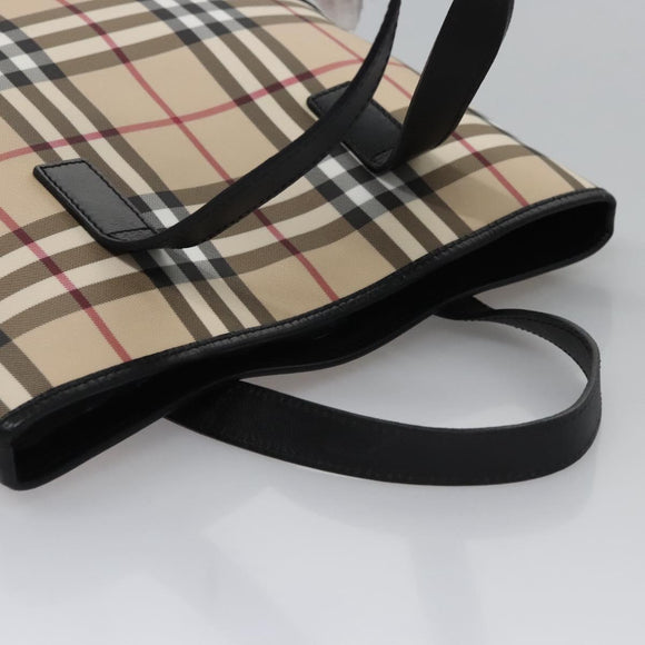 BURBERRY Nova Check Hand Bag PVC Beige Black Silver Auth 113312