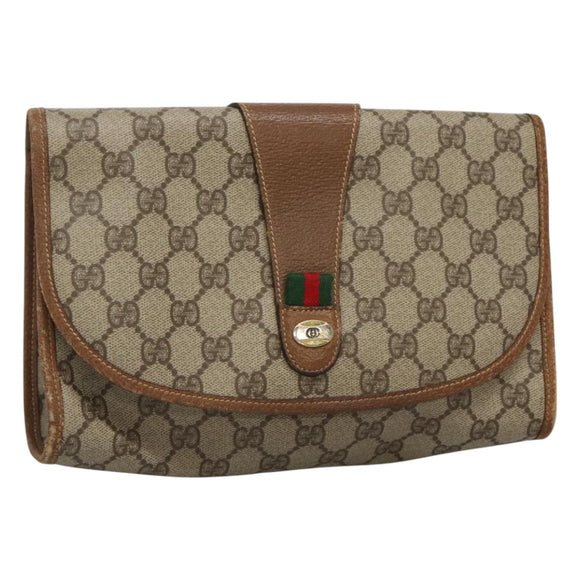 GUCCI GG Supreme Web Sherry Line Clutch Bag PVC Beige Gold 014 122 Auth 113335