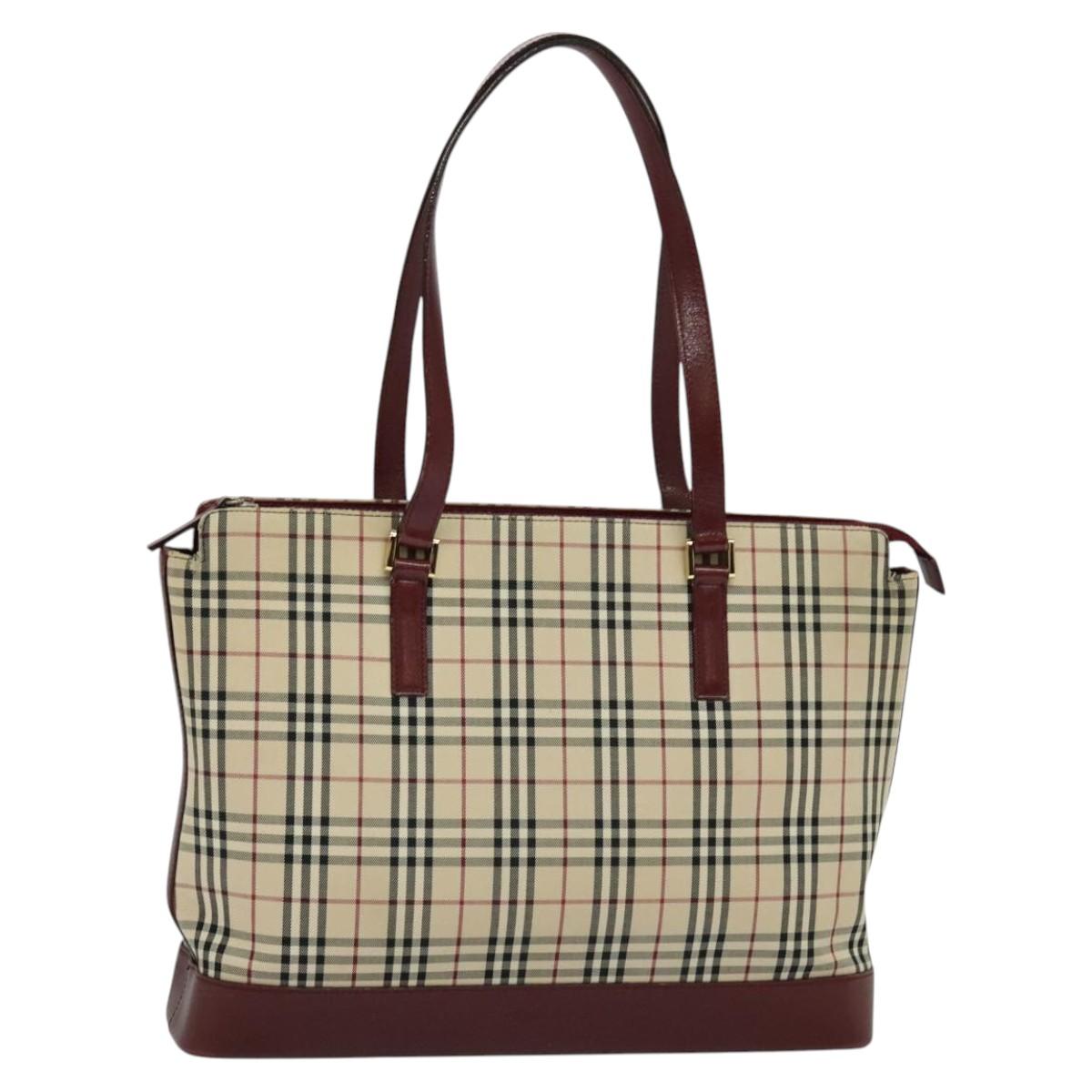 BURBERRY Nova Check Tote Bag Canvas Leather Beige Red gold Auth 113750