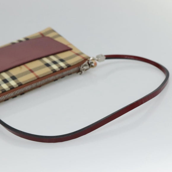 BURBERRY Nova Check Accessory Pouch PVC Leather Beige Silver Auth 113753