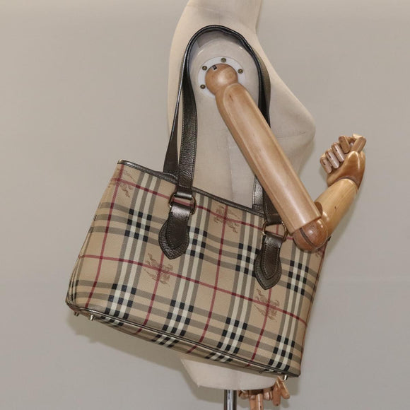 BURBERRY Nova Check Tote Bag PVC Leather Beige Silver Auth 113769