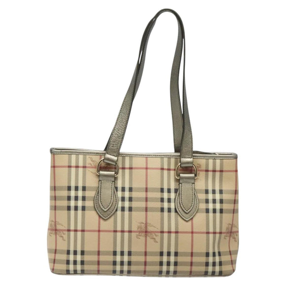 BURBERRY Nova Check Tote Bag PVC Leather Beige Silver Auth 113769