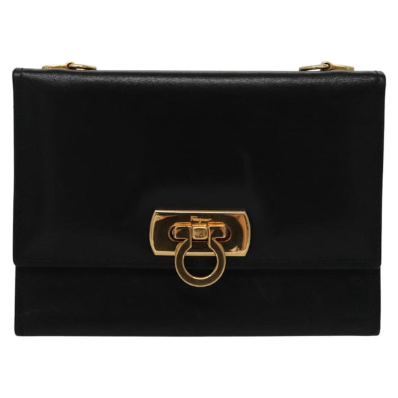 Salvatore Ferragamo Gancini Shoulder Wallet Leather Black Gold Auth 113832
