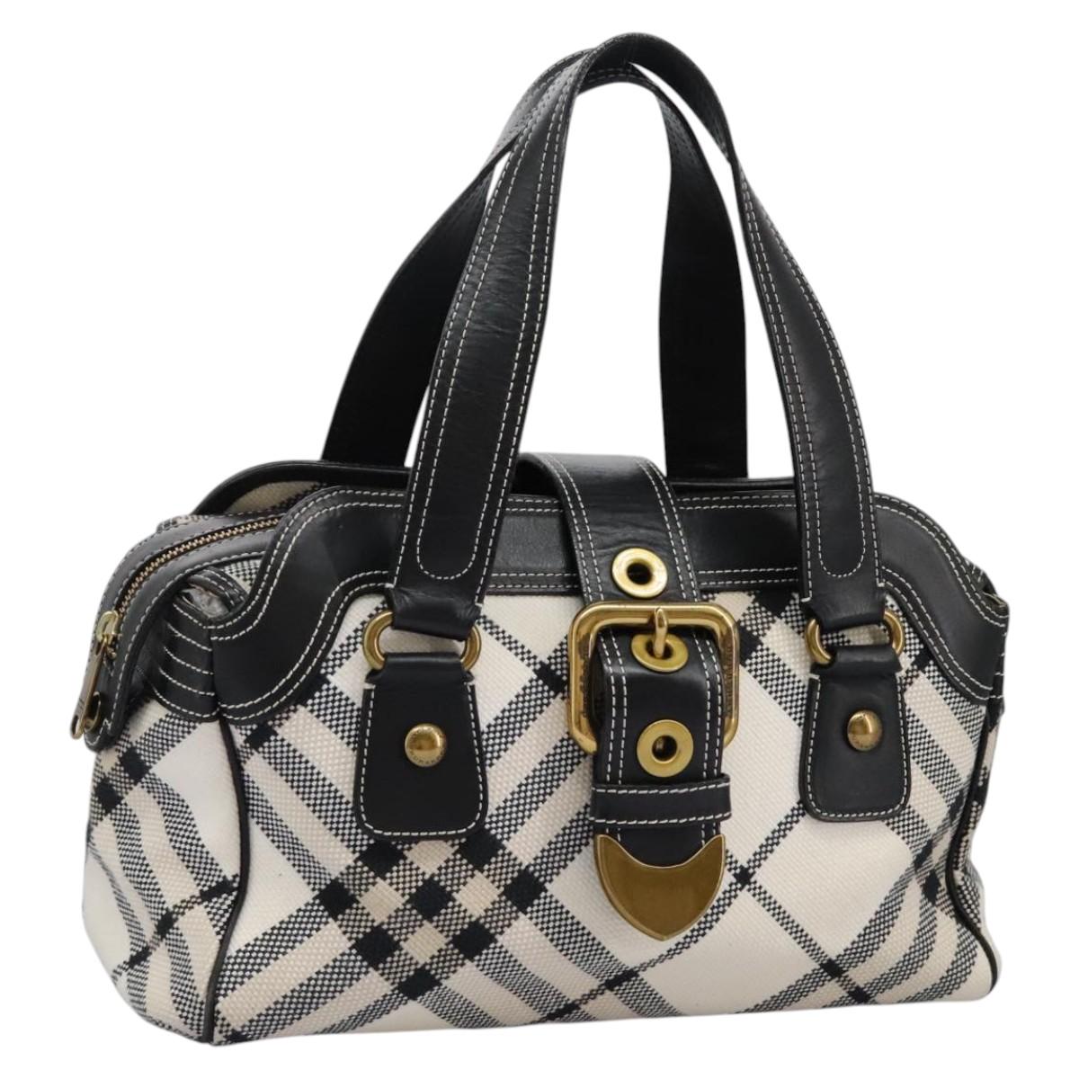 BURBERRY Nova Check Blue Label Hand Bag Canvas White Black gold Auth 113841