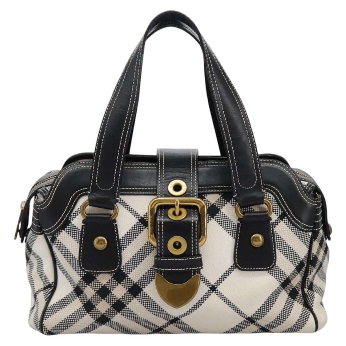 BURBERRY Nova Check Blue Label Hand Bag Canvas White Black gold Auth 113841 - 0