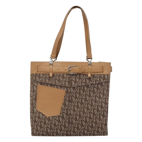 Christian Dior Trotter Canvas Tote Bag Brown Beige Silver Auth 113862