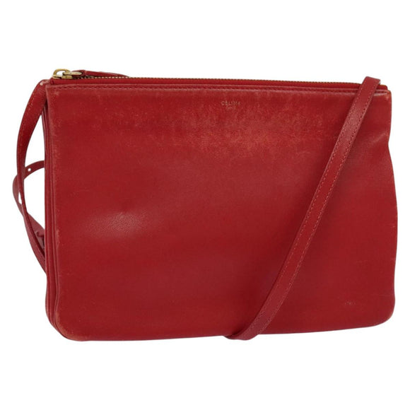 CELINE Trio Small Shoulder Bag Leather Red Gold Auth 113929