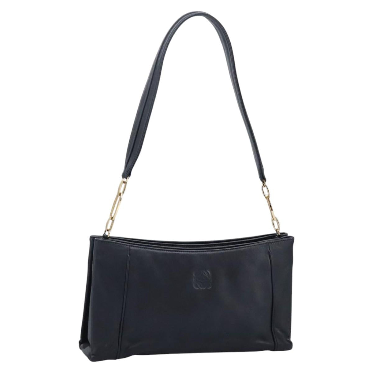 LOEWE Anagram Shoulder Bag Leather Navy Gold Auth 113936