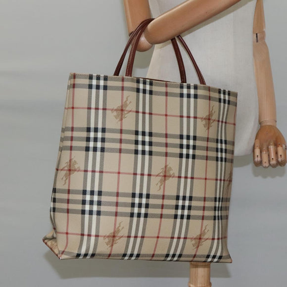 BURBERRY Nova Check Hand Bag PVC Leather Beige Auth 113948