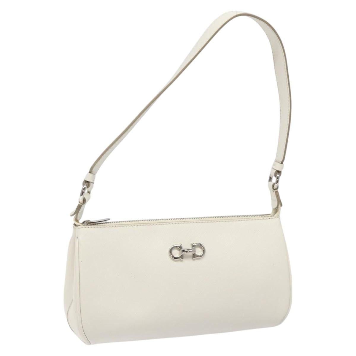 Salvatore Ferragamo Gancini Hand Bag Leather White Silver Auth 113950