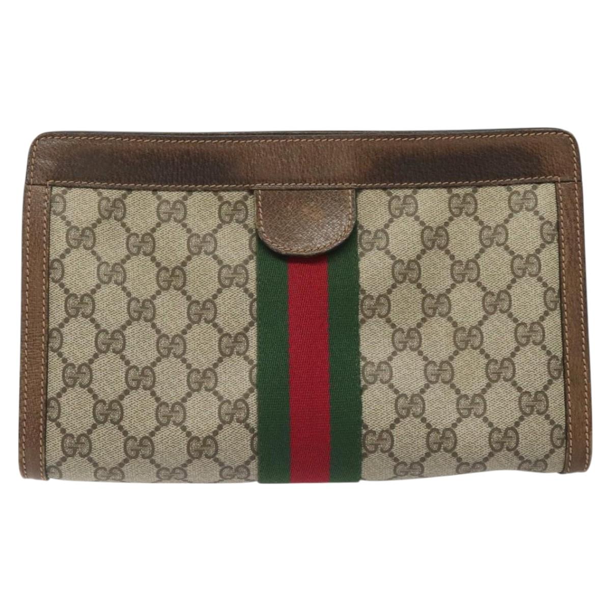 GUCCI GG Supreme Web Sherry Line Clutch Bag PVC Beige 41 001 2125 28 Auth 113961 - 0