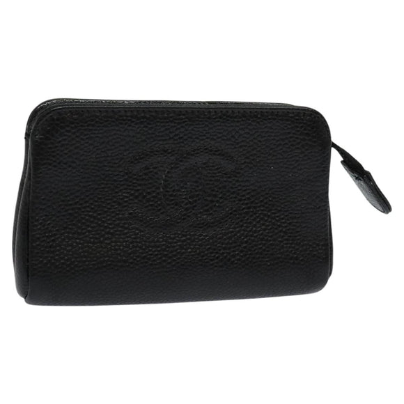 CHANEL COCO Mark Pouch Caviar Skin Black Gold CC Auth 114009