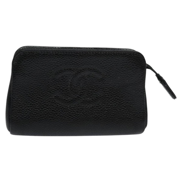 CHANEL COCO Mark Pouch Caviar Skin Black Gold CC Auth 114009