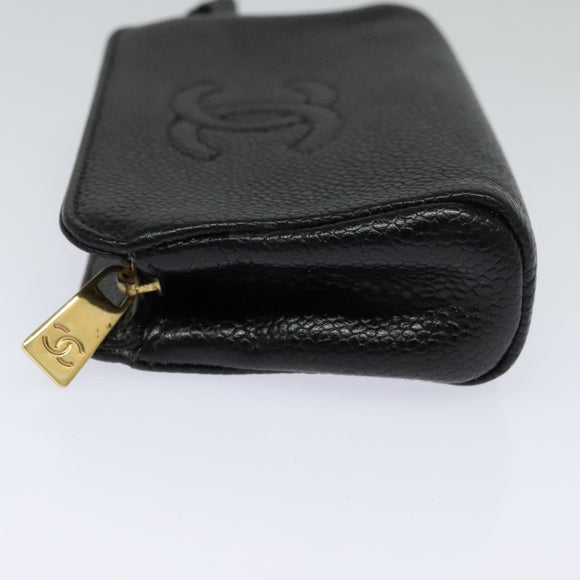 CHANEL COCO Mark Pouch Caviar Skin Black Gold CC Auth 114009